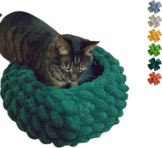 Cat Nest Bed ??Premium Handwoven Washable Extra Soft Round Cave House for Indoor Kitten & Kitty, Small & Large (DGreen,Large)