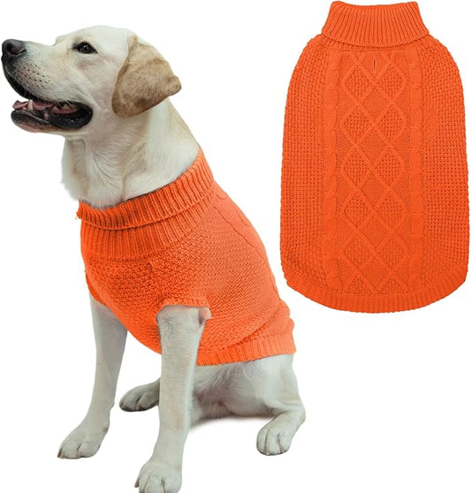 Mihachi Turtleneck Dog Sweater - Winter Coat Apparel Classic Cable Knit Clothes with Leash Hole for Cold Weather, Ideal Gift for Pet in New Year Orange, Medium/Large