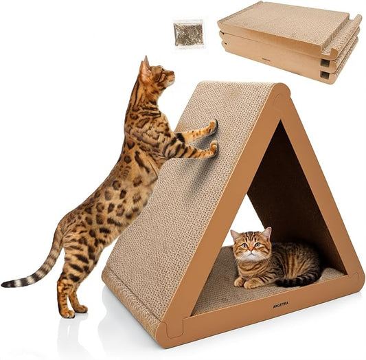 3 Pack Cardboard Cat Scratcher & Scratch Pad with Catnip, Buildable Triangle Cat House w/ 6-Sided Use, Furniture Protection for Indoor Cats