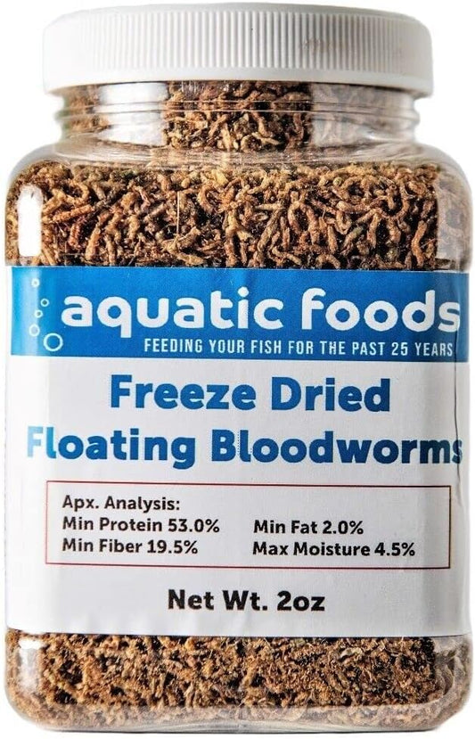 Aquatic Foods Inc. Bloodworms, Grade A Freeze Dried Bloodworms for All Tropical Fish, Cichlids, Discus, Tetras, Goldfish, Bettas, Angel Fish, Marine Fish... 2oz Small Jar