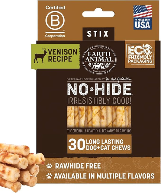 Earth Animal No Hide Stix Venison Flavored Natural Rawhide Free Dog Chews Long Lasting Chew Sticks | Treats for Small Dogs and Cats | Great for Aggressive Chewers - 30 Count
