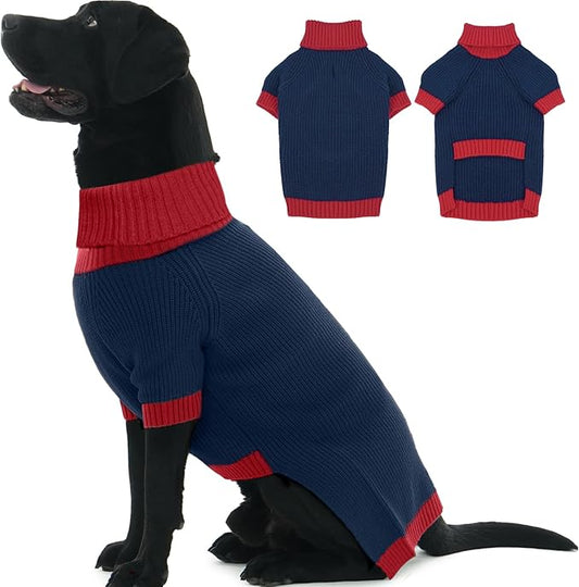 XXL Dog Sweater with Leash Hole, Stretchy Turtleneck Sweaters for Dogs Large Girl Boy, Cold Weather Fleece Pullover Fall Winter, Warm Christmas Clothes for Pitbulls, Labrador, NavyBlue 2XL