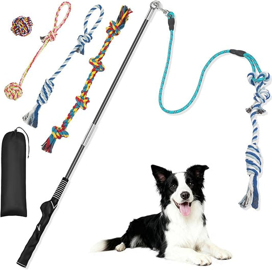 Flirt Pole for Dogs with 4 Rope Chew Toys, Dog Flirt Pole with Carry Bag for Outdoor Training and Exercise, Detachable Teaser Wand for Small, Medium Dogs