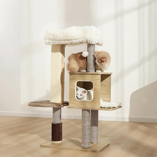Cat Tree Tower, 41.7 in Wood Cat Condo with Sisal-Covered Scratching Posts and Plush Pom-pom, Multi-Level Climbing Cat Furniture with Jump Platform for Indoor Cats, Beige