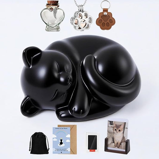 Pet Cat Urns for Ashes, Sleeping Resin Cremation Animal Urn and Sealed Bag, Decorative Memorial, Fur Keepsake, Ashes Necklace, Keychain, Inkless Paw Print Kit, Picture Frames, Sympathy Cards(Black)