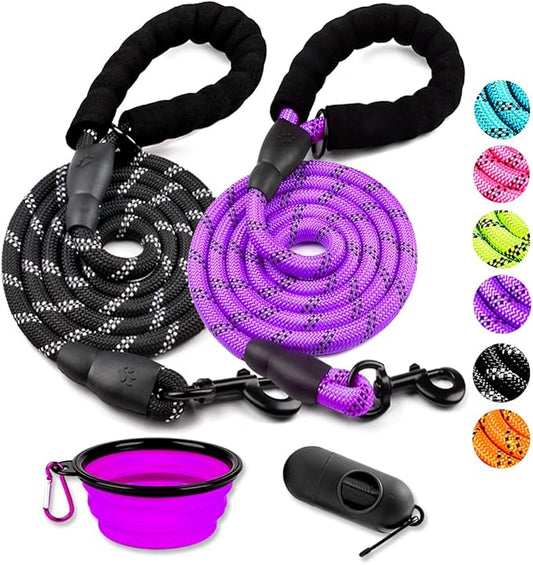 COOYOO 2 Pack Dog Leash 6 FT Heavy Duty - Comfortable Padded Handle - Reflective Dog Leash for Medium Large Dogs with Collapsible Pet Bowl Set 3-Black+Purple