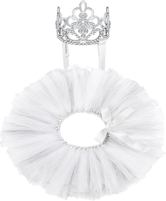 2 Pcs Dog Crown Headband Dog Tutu Dress Set Crystal Rhinestone Tiara Crown Tutu Skirt Pet Dress Costume for Puppy Birthday Party Wedding Photo Prop Costume(Large,White)