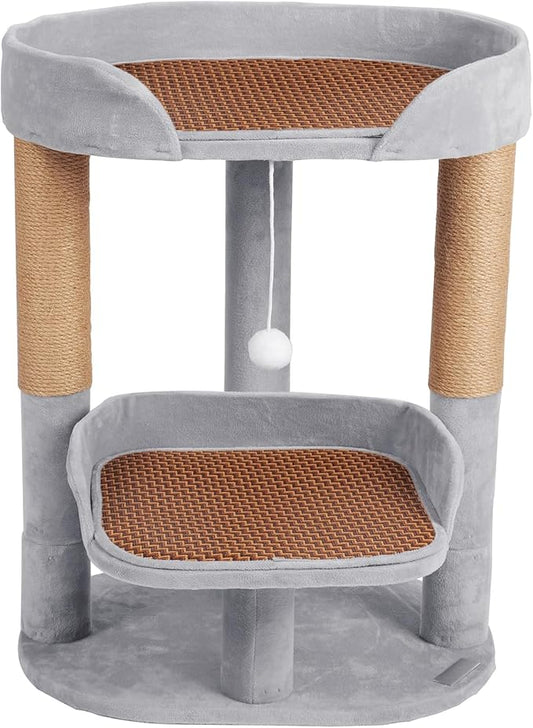 23.6" Upgraded Sturdy Cat Tree with Thickened Base, Adjustable Height, Reversible Mat, Sisal Scratching Post, and Easy Assembly, Gray Crystal Velvet Fabric