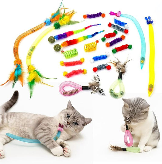 20PCS Interactive Cat Toys for Indoor Cats, Feather Elastic Mesh Cat Toy, Catnip Ball, Colorful Cat Spring, Kitty Rainbow Plush, Teething & Self-Play Kitten Accessories Variety Pack