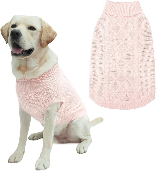 Mihachi Turtleneck Dog Sweater - Winter Coat Apparel Classic Cable Knit Clothes with Leash Hole for Cold Weather, Ideal Gift for Pet in New Year Rosy Medium/Large