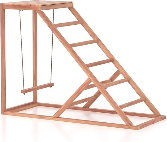 Chicken Activity Play, Multiple Birds Perches with Swing Toy, Wooden Chicken Coop Accessory with Ladder & Platforms Outdoor Birds Toy for Entertainment Backyard Poultry (B)