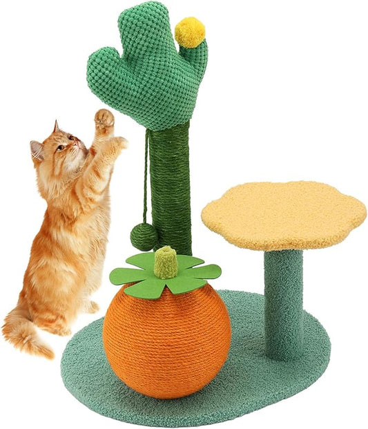 Sisal Scratching Post for Cat Kitten Small Cat Scratcher with Sugar Ball，Interactive Toy,Hanging Ball,Wooden 2 Level Track