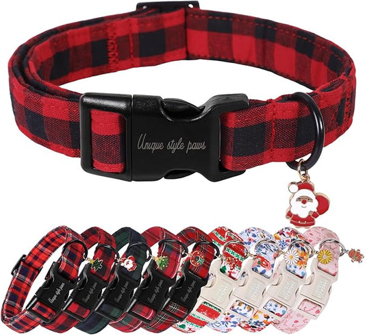 Unique Style Paws Christmas Dog Collar Plastic Buckle with Pendant Red Black Grid Cotton Puppy Collars for Small Medium Large Dogs