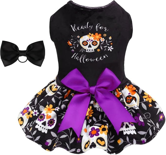 CuteBone Halloween Dog Dresses Velvet Holiday Small Dogs Clothes Onesie Pet Apparel Girl Puppy Skirt with Bow Hair Rope CVA58L-D