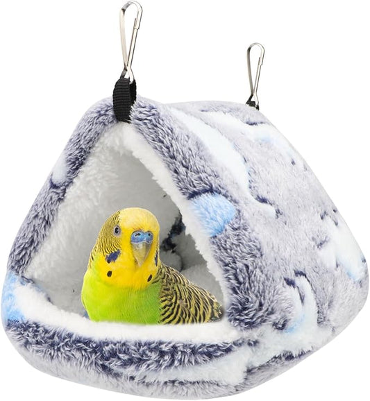 Hypeety Winter Warm Bird Nest Triangle Cotton Nest Warm and Thick Bird Shed Hut Plush Fluffy Parrot Hanging Hammock Bird Hideaway for Parrot Budgies Parakeets Cockatiels Conures Hamster (Grey, M)
