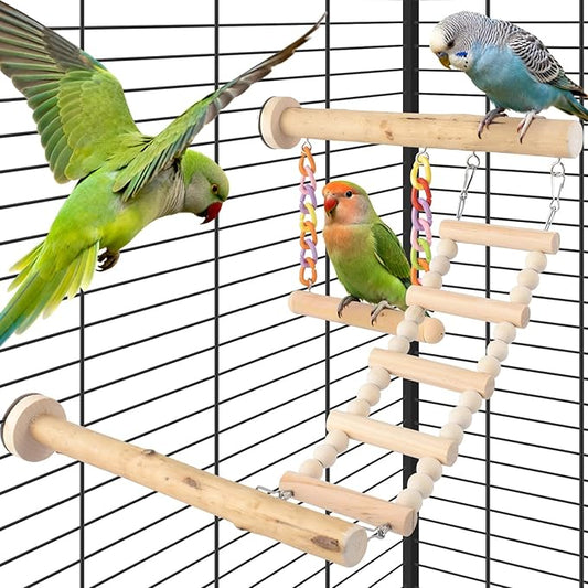 Bird Perches Ladder with Swing, Natural Wood Parrot Climbing Bridge Perch Toys, Exercise Play Stand Parakeet Cage Accessories for Budgie Cockatiel Green-Cheeked Conure Caique