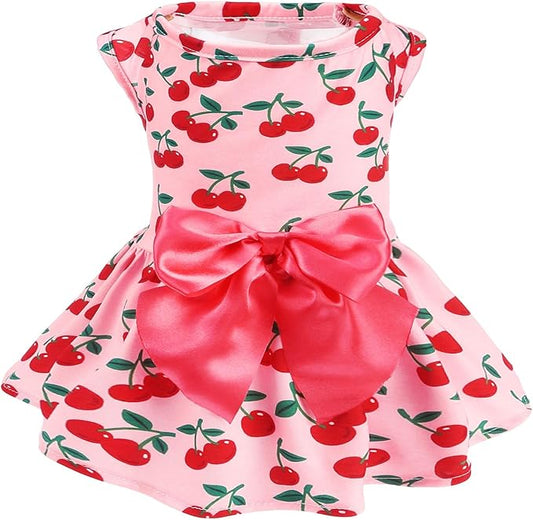 PUPTECK Print Dog Dress Pet Apparel with Cute Bowtie Puppy Clothes Outfit, Cherry, L