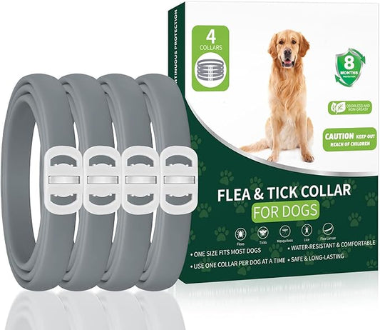 Flea and Tick Prevention for Dogs, 4 Pack Flea Collar for Dogs, Dog Flea and Tick Treatment, 32 Months Protection, Waterproof, Adjustable Collar for Dog, One Size Fits All for All Breeds, Grey