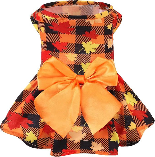 PUPTECK Plaid Dog Dress Pet Apparel for Autumn with Cute Bowtie Puppy Clothes Outfit, Maple Leaf, S
