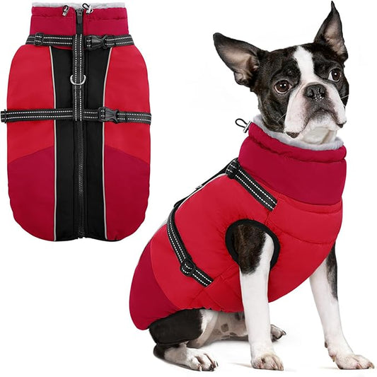 SUNFURA Small Dog Coat with Harness Built-in, Warm Dog Jacket with Zip, Reflective Winter Coat Pet Sweater Clothes for Small Dogs Schnauzer, Yorkshire Terrier, Shih Tzu, Red S