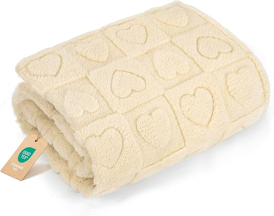 gogobunny Calming Plush Dog Cat Blanket 300GSM Coral Fleece, Ultra-Soft Machine Washable Pet Bedding for Small Medium Dogs Cats Puppies Kittens (Beige, 60x80)