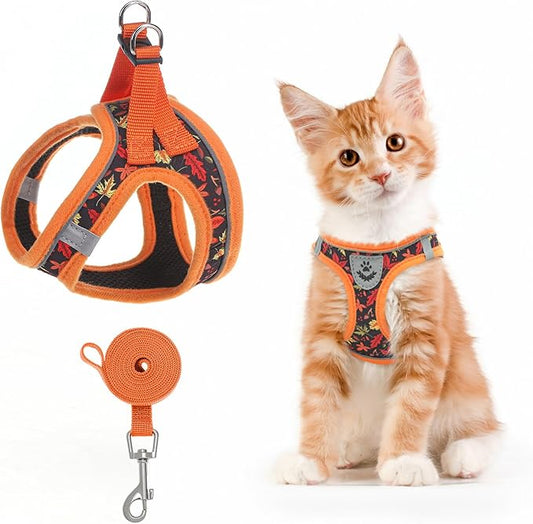 SCENEREAL Fall Thanksgiving Cat Harness and Leash Set Escape Proof, Soft Mesh Kitten Harness for Walking Travel, Reflective Adjustable Pet Vest with Leaf Print for Cat Puppy, S