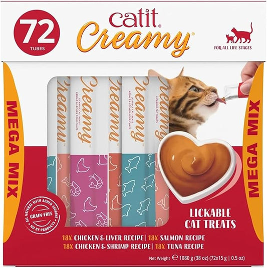 Catit Creamy Lickable Cat Treat ??Healthy Variety of Flavors, 72 Pack, Hand-Feed or Serve, Nutrient-Rich Squeeze Tube, 0.5 oz Each