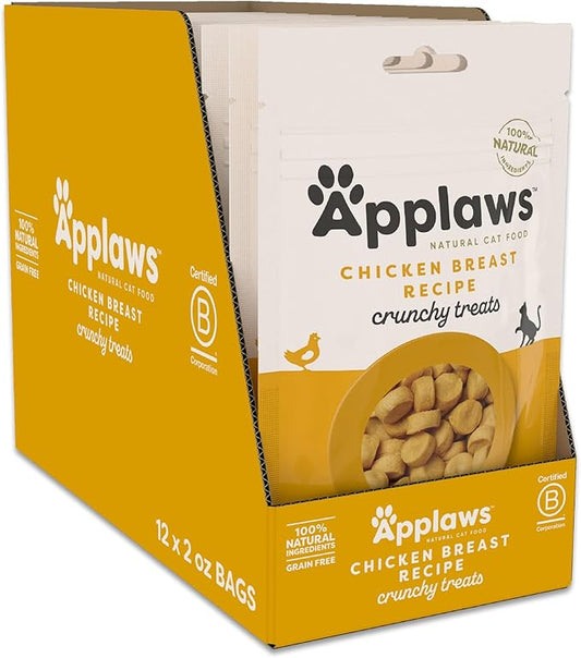 Applaws Natural Cat Treats, Grain-Free, High Protein, Limited Ingredients, No Artificial Additives or Fillers, Healthy & Nutritious Snack for Cats, Crunchy Chicken Treats (12 x 2.0oz Bags)