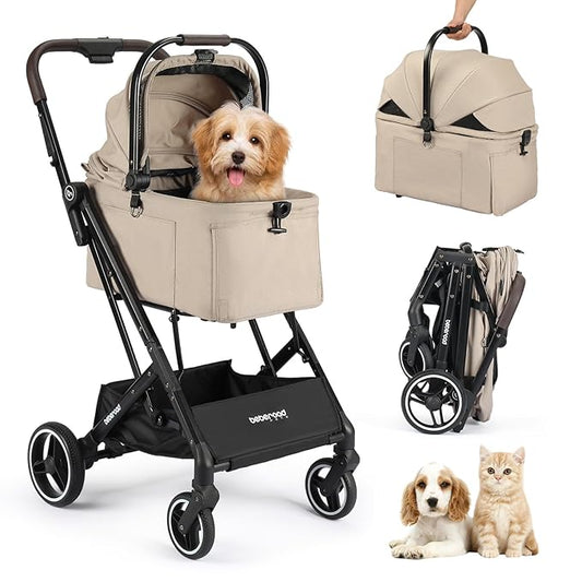 X2 Pet Stroller, Dog Cat Stroller for Small Pets, Equipped with Detachable & One-Click Folding Carrier, Waterproof Pad & Sunshade Canopy,Camel
