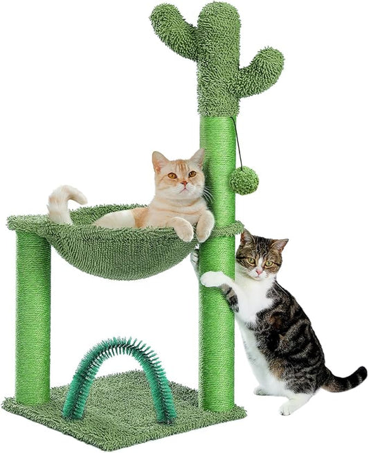 PAWZ Road Cactus Cat Tree, 33 Inchs Cat Tower with Cat Self Groomer, Soft Hammock and Fully Wrapped Sisal Scratching Post for Indoor Cats