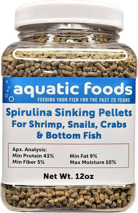 Aquatic Foods Inc. Spirulina Sinking Pellets for Shrimp, Snails, Crabs, Catfish, Plecos for All Tropical Fish 1/16" x 3/8" Pellets by Zeigler...12oz Small Jar
