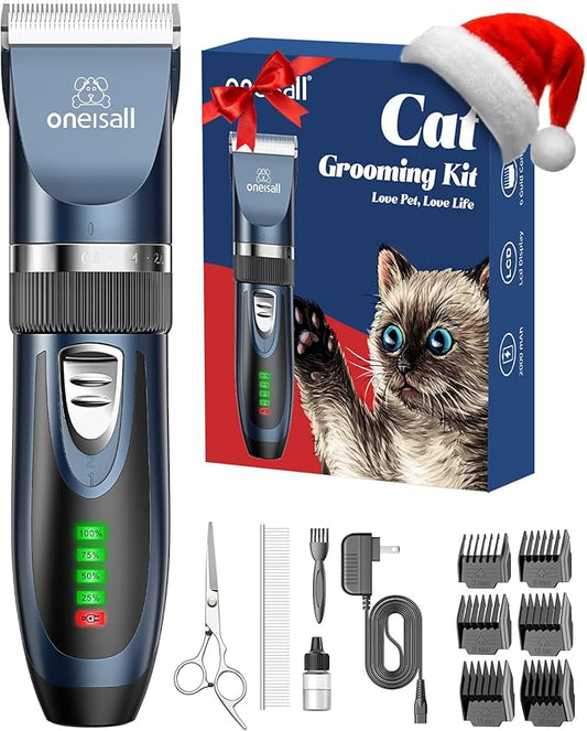 oneisall Quiet Cat Clippers for Matted & Long Hair, 2-Speed Cordless Pet Shaver Grooming Kit for Cats, Small Dogs & Animals (Blue)