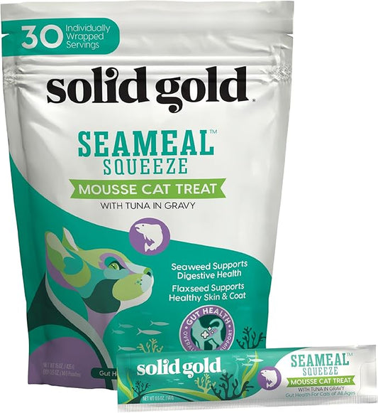 Solid Gold Lickable Cat Treats - Limited Ingredient Tuna SeaMeal??Squeezable Healthy Cat Treats for Indoor Cats w/Seaweed for Gut & Immune Support - 0.5oz Pack of 30