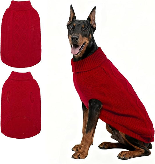 Mihachi Turtleneck Dog Sweater - Winter Coat Apparel Classic Cable Knit Clothes with Leash Hole for Cold Weather, Ideal Gift for Pet in New Year Red 2XL
