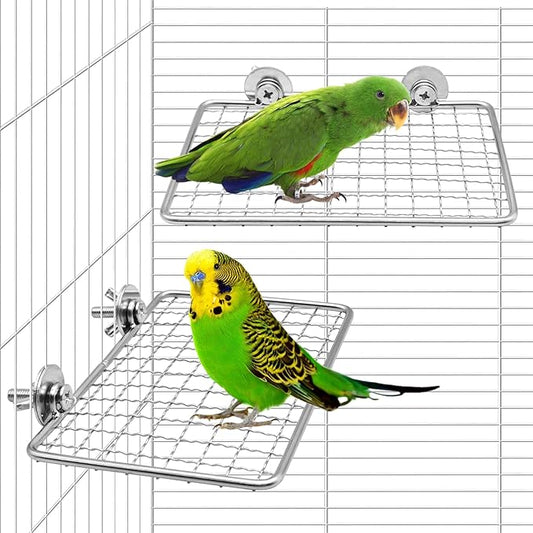 BNOSDM Bird Perch Platform 2 Pcs Stainless Steel Grid Parrot Perches Stand Shelf Parrots Platform Perch Small Birds Cage Accessories for Parakeets, Budgies, Conures, Cockatiels, Lovebirds (S)