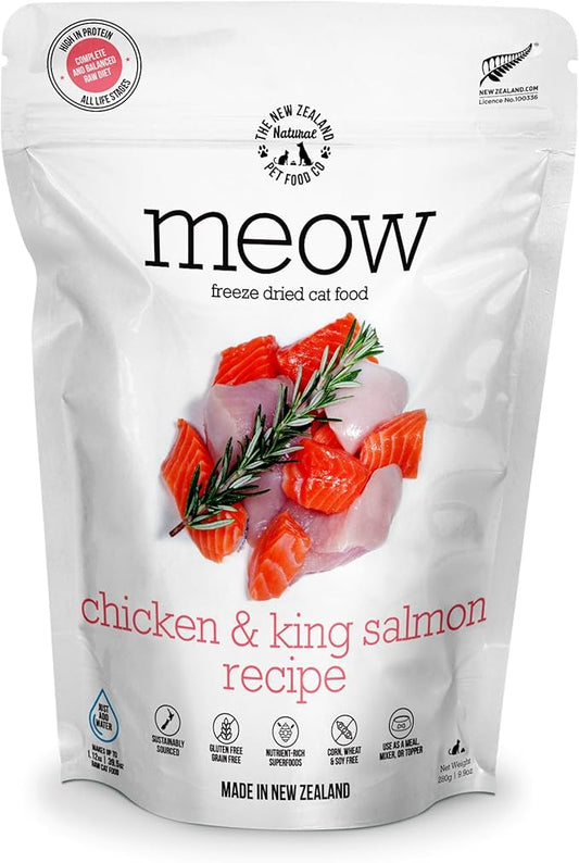 The New Zealand Natural Pet Food Co Meow Freeze Dried Cat Food - Chicken & King Salmon Recipe, High Protein Treats & Toppers, Dry Cat Food,9.9oz