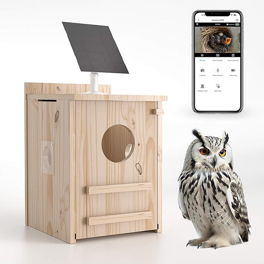 Solar-Powered Smart Owl House with Camera - Outdoor Hanging Wooden Nesting Box, Real-Time View & Motion Detection, for Garden for 2.4g WiFi Coverage Area, for Owl Lovers