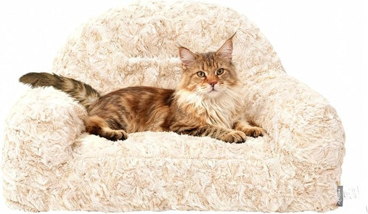 Vigoamar Cat Couch Bed, 31.5 x 19.7 x 15 Inches Luxury Fluffy Cat Beds for Cats Indoor Use, Pet Sofa with Cozy Washable Cover and Non Slip Bottom for Medium Large Cats (Medium Size, Beige)