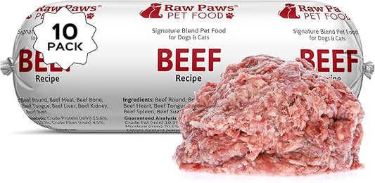Raw Paws Signature Blend Pet Food for Dogs & Cats - Beef Recipe, 1-lb Rolls (10-Count) - Fresh Pet Food Made in USA, Grass-Fed Beef Log, Natural Dog Food Rolls, Raw Frozen Dog Food & Cat Food