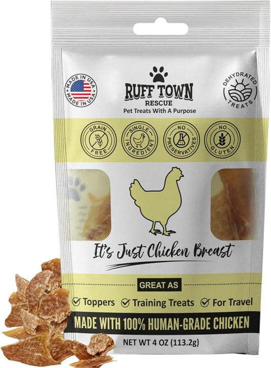 Ruff Town Dog Treats - Chicken Jerky for Dogs | Dehydrated Chicken Breast | Training Treats | Human Grade, High Protein, Single Ingredient | Grain-Free, Hypoallergenic | All Breeds, Made in USA, 4 oz