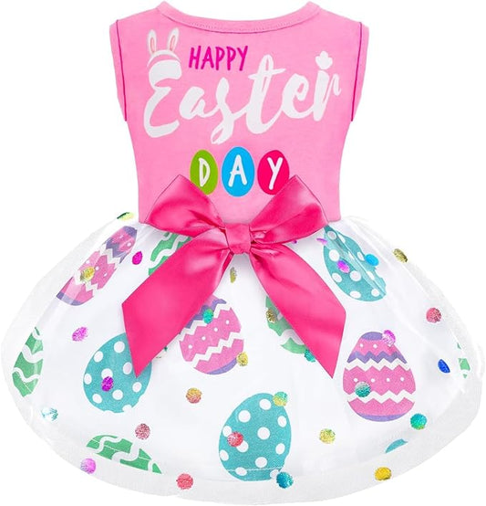 Cute Happy Easter Day Dog Dress Bunny Eggs Easter Dog Cat Clothes Pink Tulle Pet Doggie Apparel Outfit with Bowknot for Small Dogs Puppy Cat Girl Costume
