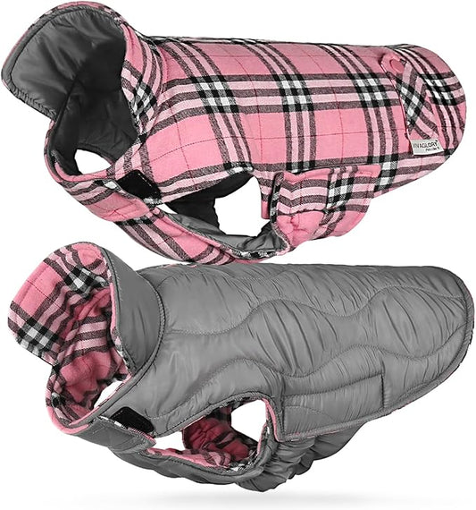 VIVAGLORY Softjoy Dog Coat, Dog Jacket for Winter & Christmas, Coat with Harness Hole & Velcro Closure, Reversible Plaid Checkered Warm Fluffy Heavy Duty for Puppy, XL, Pink