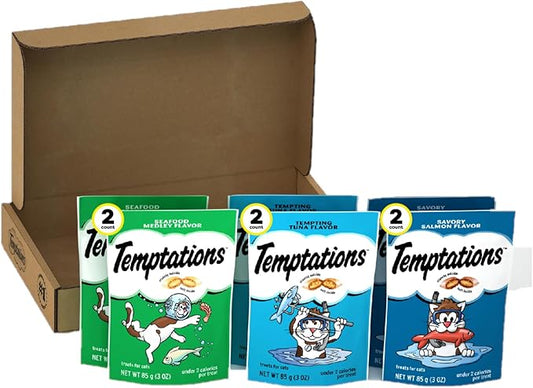 Temptations Classic Crunchy and Soft Cat Treats Seafood Lovers Variety Pack, 3 oz. Pouches (Pack of 6)