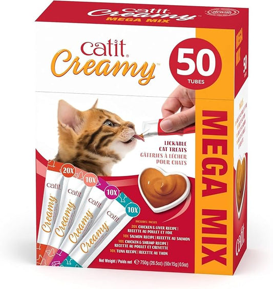 Catit Creamy Lickable Cat Treat ??Healthy Variety of Flavors, 50 Pack, Hand-Feed or Serve, Nutrient-Rich Squeeze Tube, 0.5 oz Each