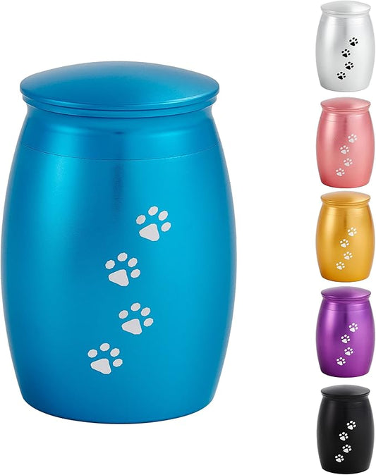 2.67 Inches Small Pet Urns for Memorial Dog or Cat Ashes, Mini Blue Pet Keepsake with Paw Print