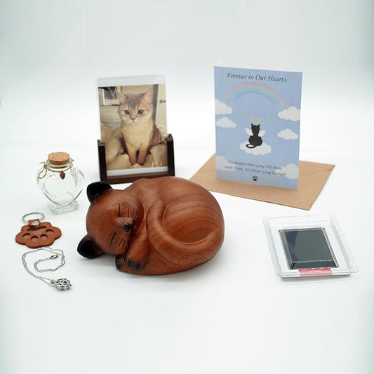 Pet Cat Urns for Ashes, Sleeping Resin Cremation Animal Urn and Sealed Bag, Decorative Memorial, Fur Keepsake, Ashes Necklace, Keychain, Inkless Paw Print Kit, Picture Frames, Sympathy Cards(Cherry)