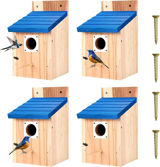 4-Pack Blue Wooden Bird Houses for Outdoors with Predator Guard, Bluebird Houses for Outside ??Ideal for Bluebirds & Other Backyard Birds, Blue