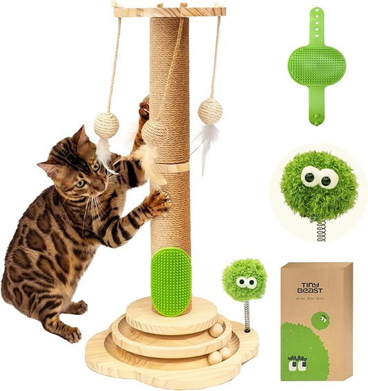 TINYBEAST Wooden Cat Scratching Post, 4 in 1 Cat Scratcher Toy with Cat Ball Tracks, 25" Tall Sisal Scratch Post for Indoor Kittens Adult Cats, Interactive Feather Toy and 4 Sisal Hanging Balls