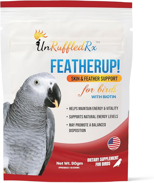 UnRuffledRx FeatherUp! Bird Vitamins with Biotin for Beautiful Plumage ??Calcium for Birds, Feather Growth Supplements for Parrots - 90 gm - 240 Servings