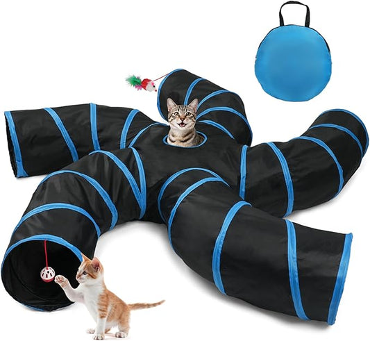 Joytale 5-Way Cat Tunnels for Indoor Cats, Pet Tube Toy with Bell Ball and Toy Mouse, S-Shape Collapsible Tunnel with Interactive Hole for Kitty, Kitten, Rabbit, Puppy (Blue&Black)